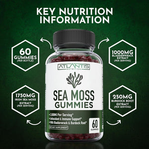 Irish Sea Moss Gummies - 3000MG - Formulated W/ Irish Sea Moss, Bladderwrack & Burdock Root, Contain Essential Vitamin & Mineral - Antioxidant-Rich Superfood Supplement, 60 Sea Moss Gummies for Adults