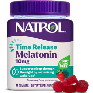 Natrol 10 Mg Melatonin Gummies, Time Release Sleep Gummies for Adults, Minimize Wake Ups, Strawberry-Flavored, 55 Count, 55 Day Supply
