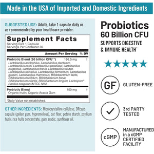 Naturewise Probiotics 60 Billion CFU - 17 Strains + Organic Prebiotics - Immune, Digestive & Gut Health Support for Women & Men - Vegetarian, Gluten-Free, Non-Gmo - 30 Capsules[1-Month Supply]