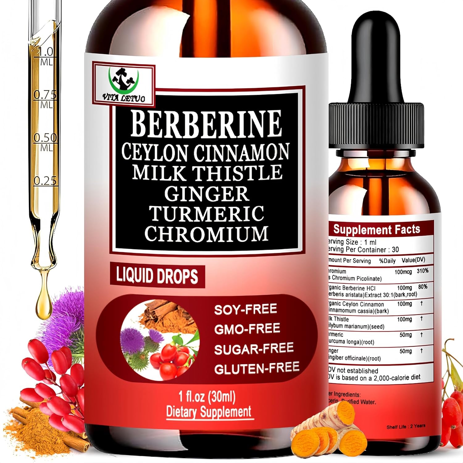 Berberine Drops, High Absorption 6-In-1 Liquid Berberine Supplement with Ceylon Cinnamon Milk Thistle Turmeric, Premium Berberine Hcl for Immune Function Metabolic & Digestive Support, 30 Servings