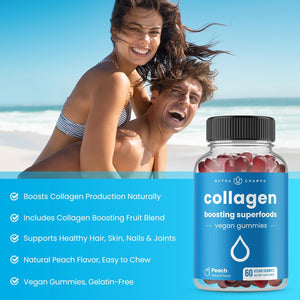 Nutrachamps Collagen Boosting Gummies, Collagen Booster Gummy for Natural Collagen Production, Vegan Pectin Supplements Chews for Women & Men, 60 Peach Vitamins Gummies