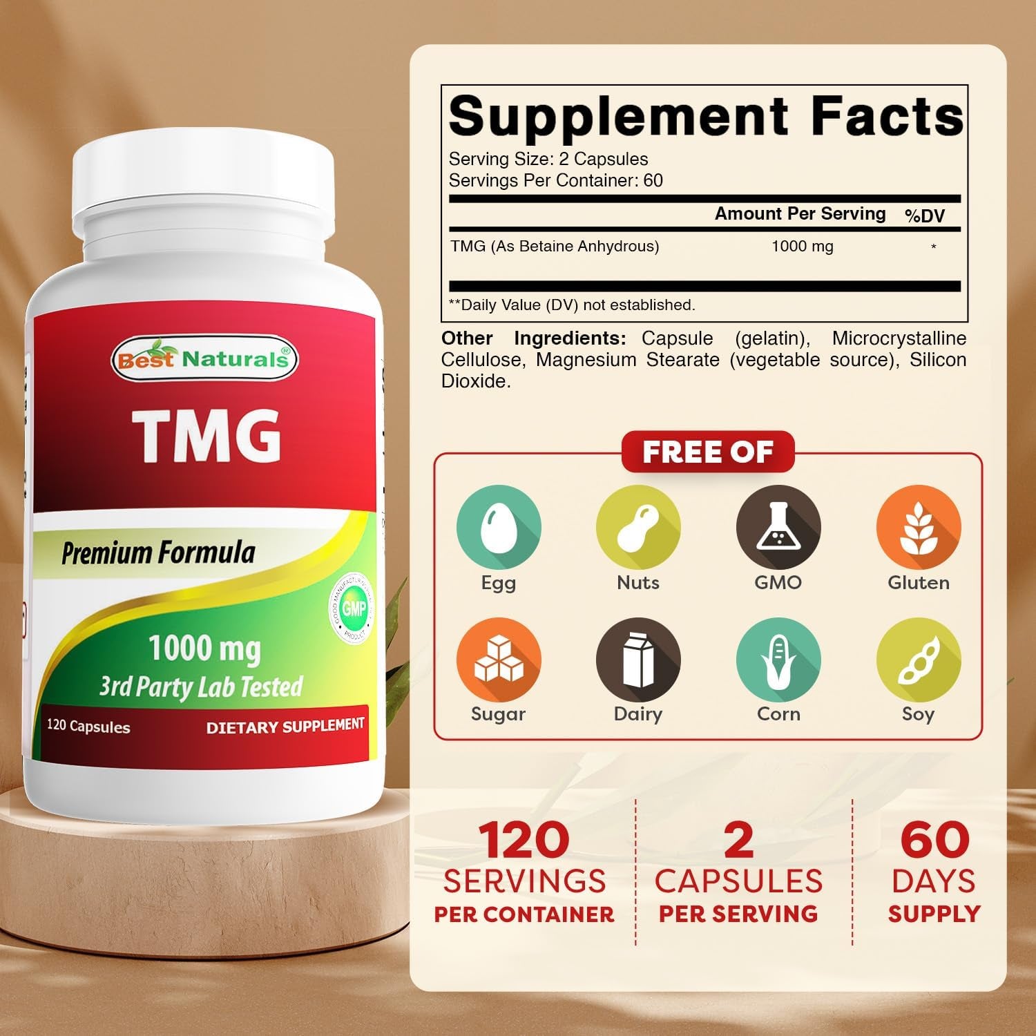 Best Naturals TMG Trimethylglycine (As Betaine Anhydrous) 1000 Mg Serving - 120 Capsules - Healthy Homocysteine Levels & Methylation Support (120 Count (Pack of 1))