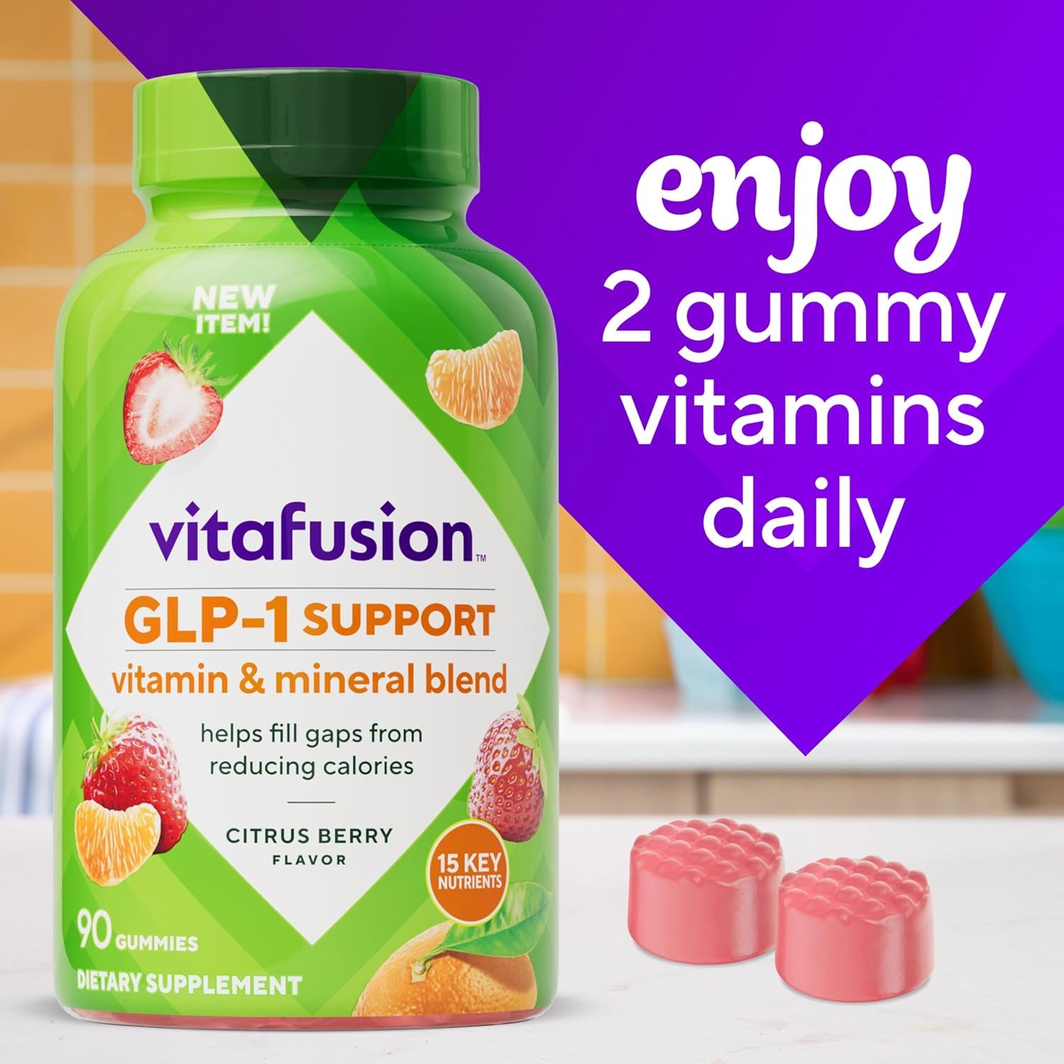 Vitafusion GLP-1 Support Multivitamin, Vitamin and Mineral Blend, 15 Essential Nutrients, Citrus Berry Flavor, 90 Count, 45 Day Supply