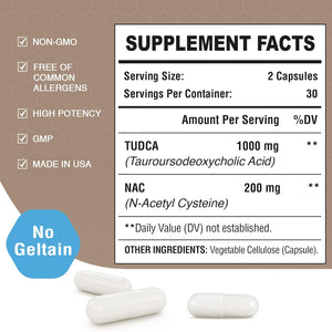 TUDCA with NAC Supplement 1200Mg - 60 Capsules,Powerful TUDCA Bile Salt plus N-Acetyl-Cysteine,Antioxidant Supplements for Liver,Digestion,Pack of 1,60.0 Count