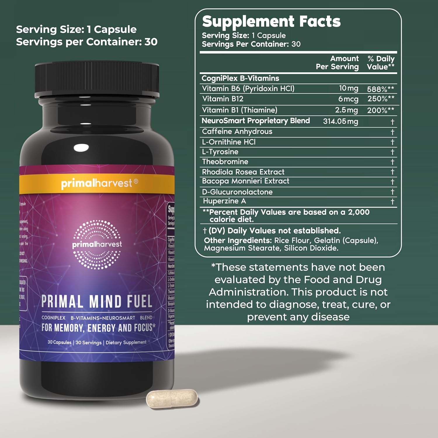 Primal Harvest Brain Supplement, Primal Mind Fuel Brain Booster for Focus, Energy, Clarity, Memory Brain Health 30 Capsules Nootropics Brain Support Supplement for Men and Women (2 Pack (30 Count))