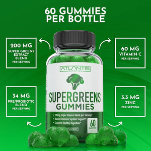 Atlantis Nutrition Supergreens Gummies - Daily Green Superfoods Supplement with Spinach, Broccoli, Moringa, Beet Root, Celery, Green Tea, & Acai for Immunity Support - Natural Raspberry Flavor, 60 Cnt
