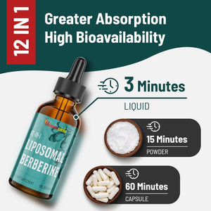 Berberine Hcl Supplement 3000 Mg - Liposomal Berberine Hcl Liquid - AMPK Activator with Turmeric, Ceylon Cinnamon, 12 Natural Ingredients - 2 Fl Oz