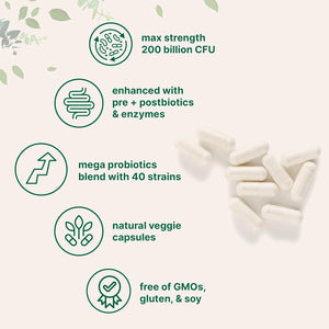Micro Ingredients Probiotics 200 Billion CFU, 120 Veggie Capsules | Mega Probiotics for Men & Women | 40 Strains with Prebiotics, Postbiotics & Digestive Enzymes | Gut, Immune & Digestive Health