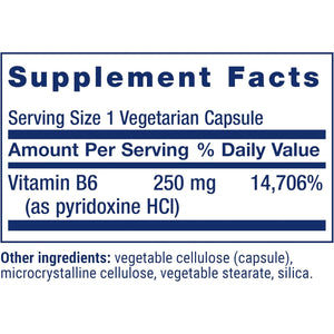 Life Extension Vitamin B6, 250 Mg, High Potency, Cardiovascular Health, Neurological Health, Eye Health, Healthy Kidney Function, Gluten-Free, Non-Gmo, Vegetarian, 100 Capsules