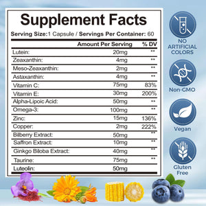 Visiovance 15 in 1 Advanced Eye Formula, Eye Vitamin and Mineral Supplement with Lutein, Zinc, Luteolin, Zeaxanthin & Bilberry Extract, 60 Count (1)