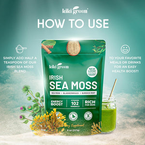 KIKI Green Irish Sea Moss Powder 8 Oz - with Bladderwrack Burdock Root Extract for Immune Support - Keto, Vegan Supplement