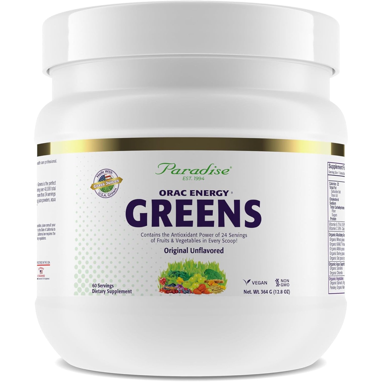 Paradise, ORAC Energy Greens Powder Extract, Super Antioxidants, Probiotics for Gut Health & Digestion, Vitamin C for Immunity, with Spirulina & Chlorella, Non-Gmo, Gluten Free, 60 Servings