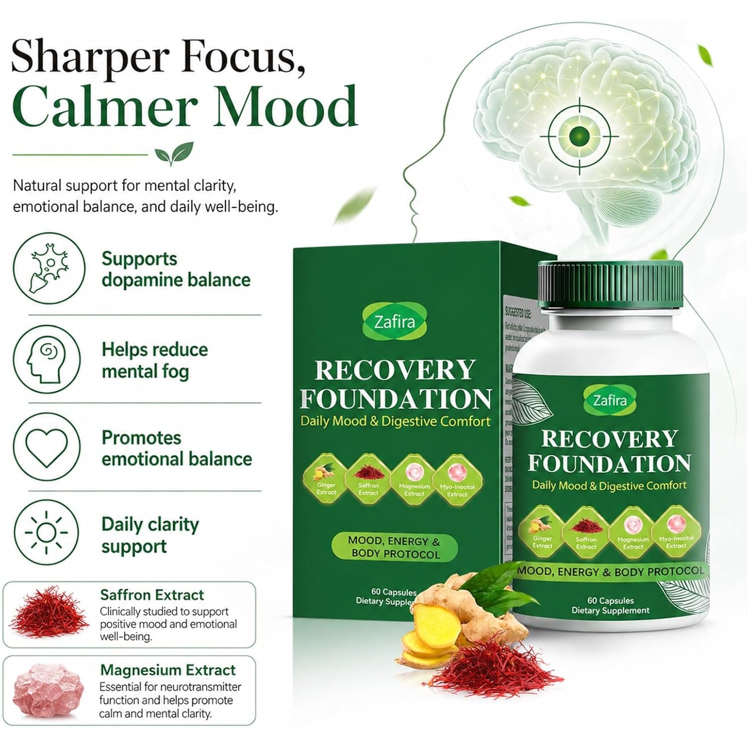 Zafira Recovery Foundation Capsules – Clear Mental Fog, Reduce Hair Loss & Boost Digestion | Clinically Tested, All-Natural Ingredients，Non-Gmo, 60 Capsules