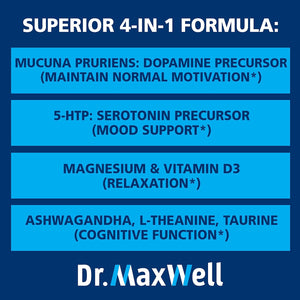 Dr. Maxwell Serotonin and Dopamine Supplements, Better than Dopamine or Serotonin Support Only. Helps Maintain Normal Neurotransmitter Levels. Mucuna Pruriens, 5-HTP, 60 Capsules Women Men