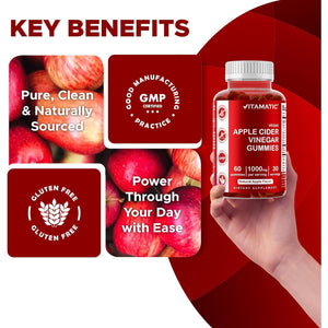 Vitamatic Apple Cider Vinegar Gummies - 1000Mg per Serving - 60 Vegan Gummies - ACV Gummies for Detox, Weight Loss Support, Energy Boost, Digestion & Gut Health