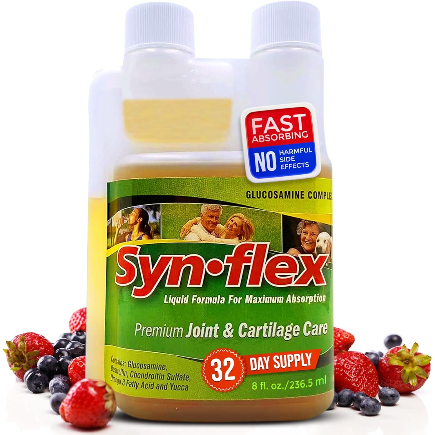Synflex Liquid Glucosamine Original Formula - Chondroitin, Vitamins, Minerals - Drink Supplement for Men & Women, Helps Support Joint & Cartilage Health - Berry Flavor, 32 Day Supply