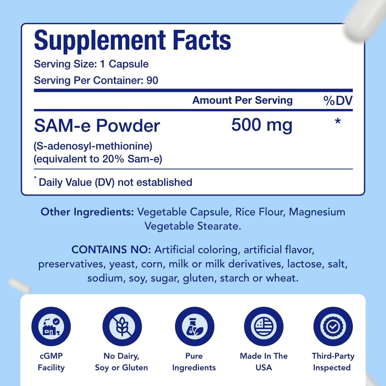SAM-E Supplement 500Mg | Easy Absorption S-Adenosyl-L-Methionine Sam-E 500Mg for Bone and Mood Support Supplement | Made in the USA Non-Gmo and Gluten Free (90 Day Supply)