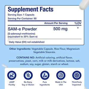SAM-E Supplement 500Mg | Easy Absorption S-Adenosyl-L-Methionine Sam-E 500Mg for Bone and Mood Support Supplement | Made in the USA Non-Gmo and Gluten Free (90 Day Supply)