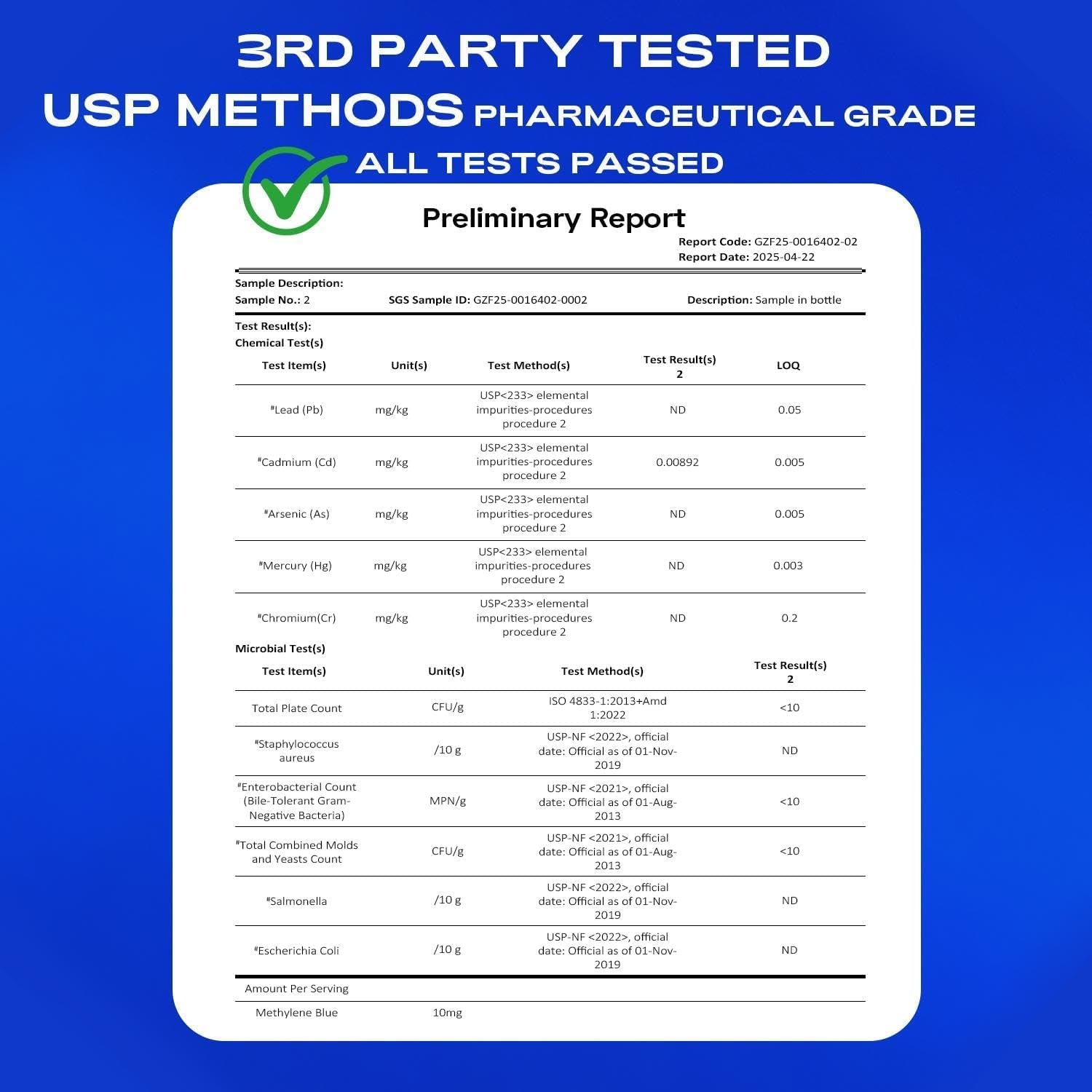 Bluesun Methylene Blue Drops 1% Pharmaceutical Grade - Made in USA, Formaldehyde-Free, Third-Party Tested, USP Purity 99.99%, Gmo-Free, Alcohol-Free - 2 FL OZ (60Ml) in Amber Glass, 10Mg/Ml