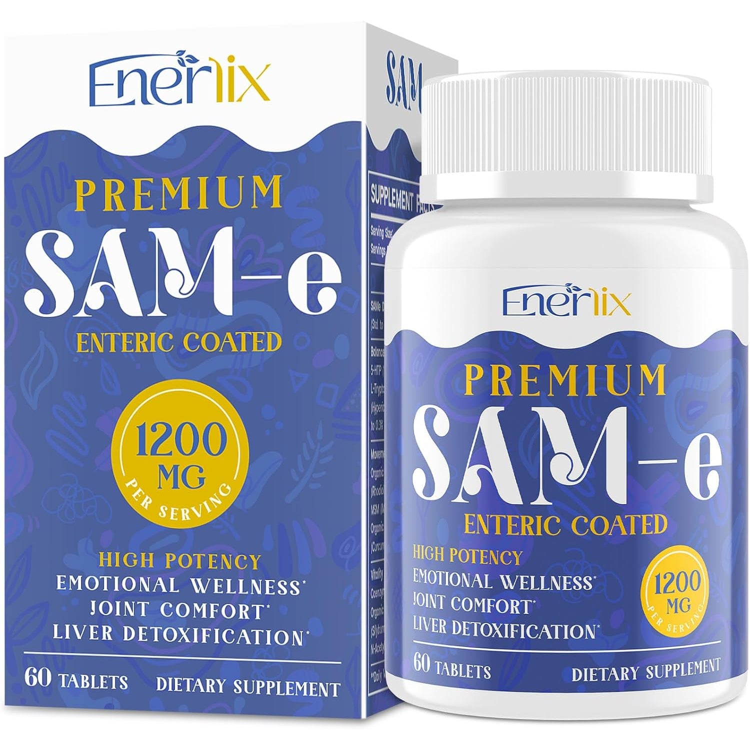 1200 MG SAM E Supplement for Brain, Mood, Joint, and Liver, High Absorption Sam-E (S-Adenosyl-L-Methionine) with Coq10, 5-HTP, Enteric Coated 60 Tablets, Vegan