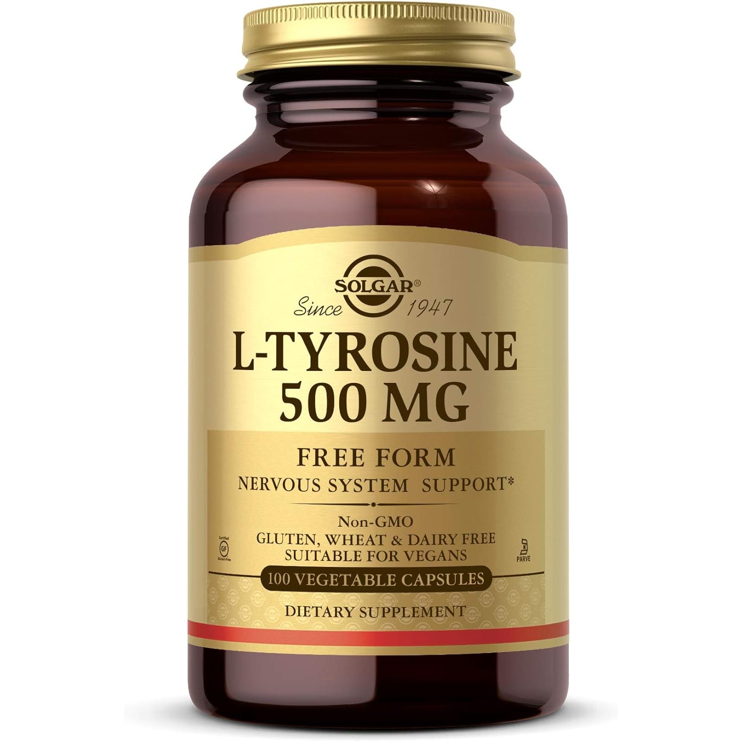 Solgar L-Tyrosine 500 Mg, 100 Vegetable Capsules - Brain & Nervous System Support - Vegan, Gluten Free, Dairy Free, Kosher - 100 Servings,Standard Packaging