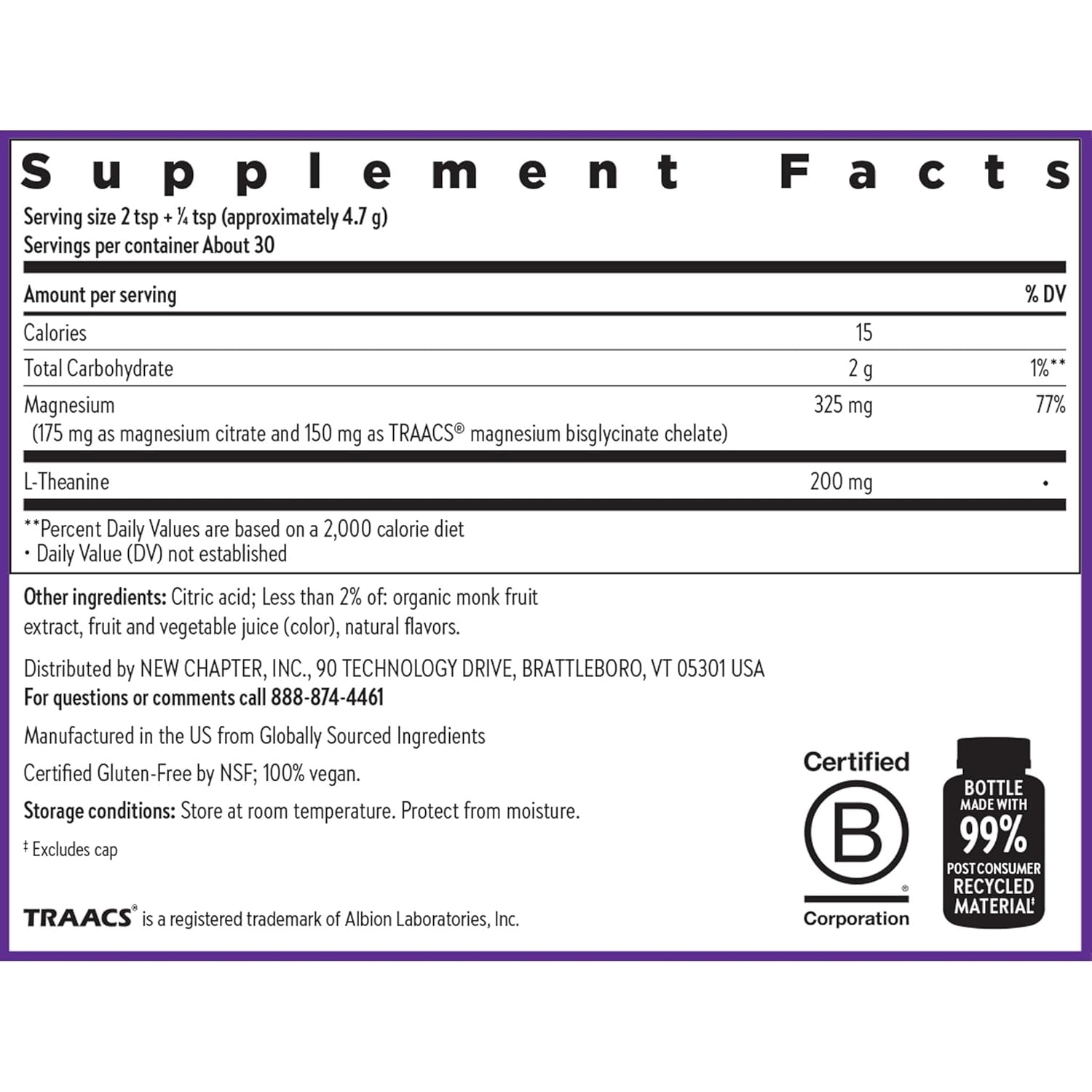 New Chapter Magnesium Glycinate + L-Theanine Supplement Powder, with 325 Mg Magnesium & L-Theanine 200 Mg for Calm, Focus, Mental Clarity, Muscle Relaxation & Cortisol Balance*, 30 Servings