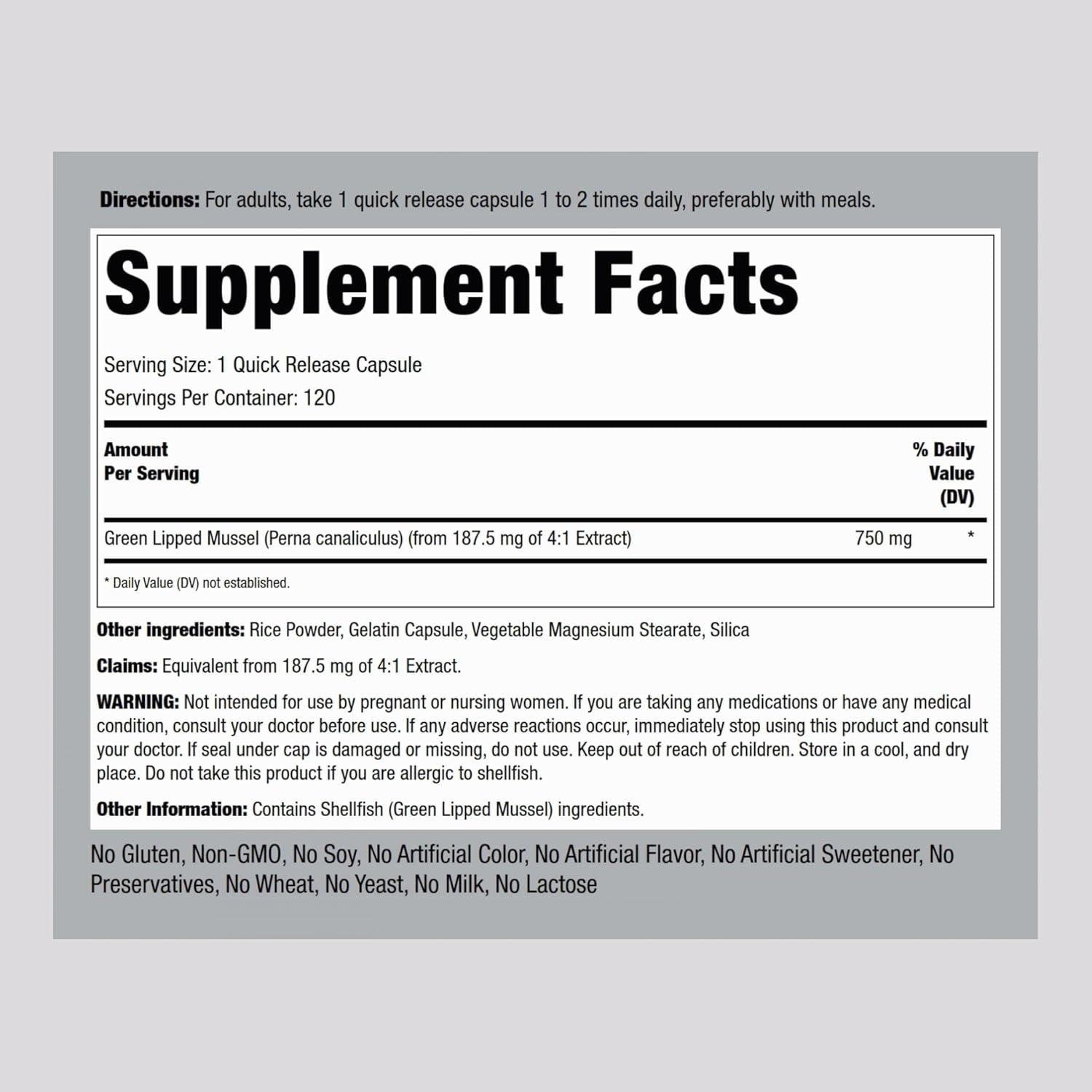 Piping Rock Green Lipped Mussel | 120 Capsules | Supplement for Humans | Freeze Dried from New Zealand | Non-Gmo, Gluten Free