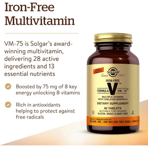 Solgar Iron-Free Formula VM-75, 90 Tablets - Multivitamin with Chelated Minerals - Vitamin A, B6, B12, C, D, E - Biotin, Magnesium, Calcium, Zinc - Vegan, Gluten & Dairy Free, Kosher - 90 Servings