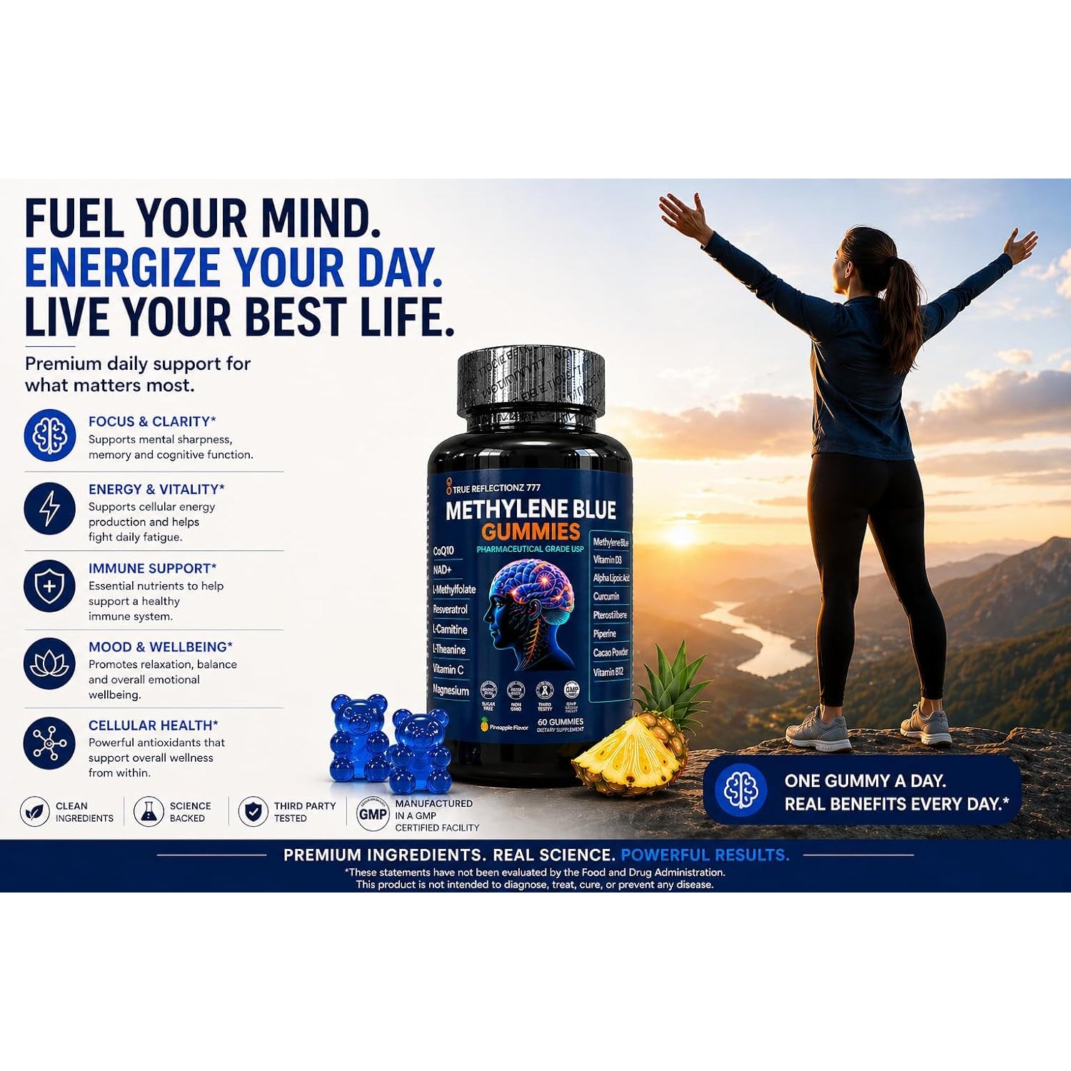 Methylene Blue Gummies 12Mg Cognitive Support W/Added Vitamin C, NAD,L Methylfolate, Methylcobalamin B12, Mitochondrial Support, Brain Health & Focus, Clarity, Methylated Vitamins