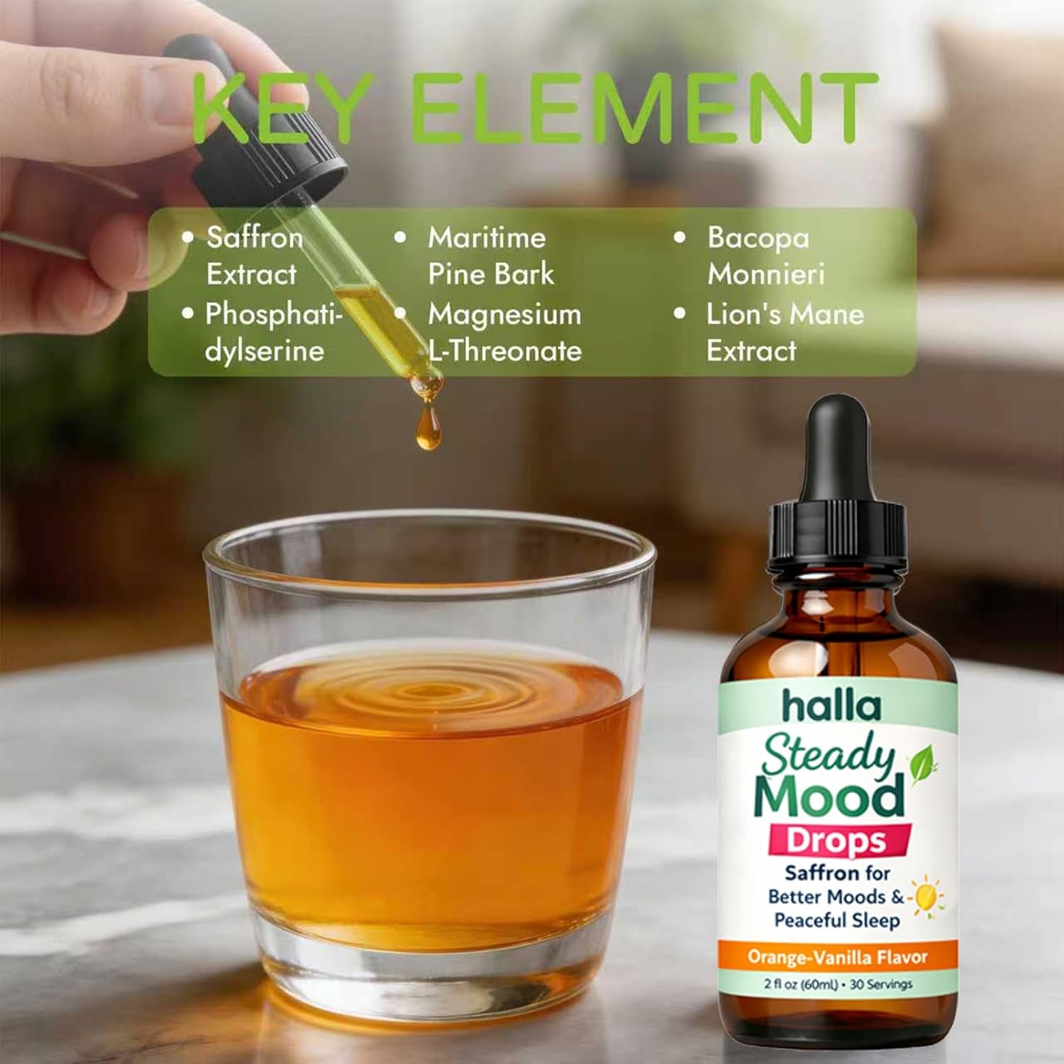 Halla Steady Mood Drops, Orange-Vanilla Flavor, Liquid Formula with Pine Bark Extract(1Pcs)
