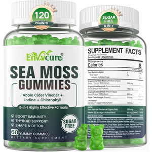 Sea Moss Gummies Sugar-Free, Extra Strength Irish Moss Gel Supplement with Iodine, Chlorophyll, Unfiltered ACV, D3, Burdock Root, Bladderwrack for Immune, Digestive, Skin, Hair, Det❤️X, Vegan, 2Pack