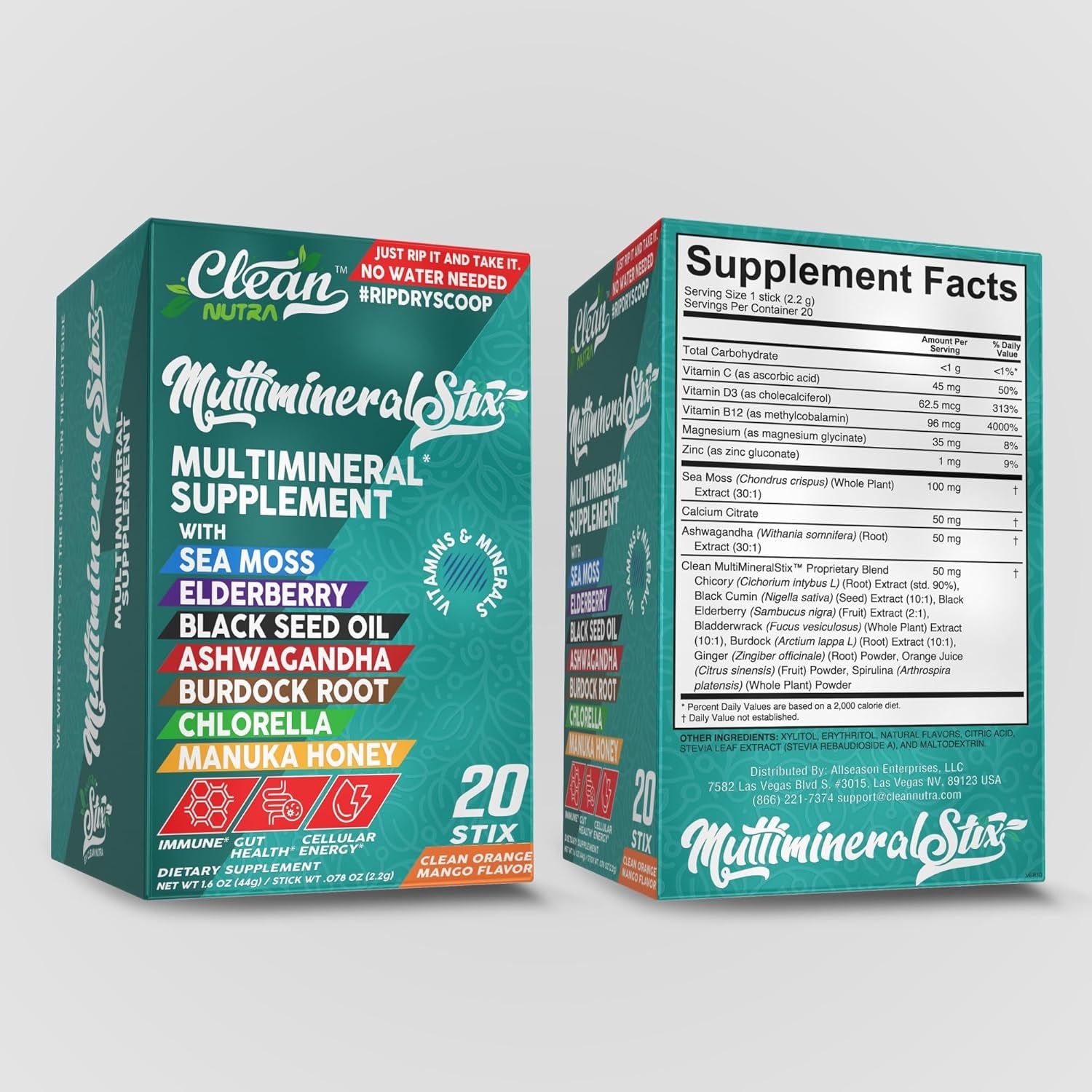 Sea Moss Powder Elderberry Ashwagandha Chlorella Manuka Honey Vitamind3 Vitamin C Zinc Spirulina Iodine Greens Detox Immune Support Sugar Free Hydration Powder Drink Mix – 20 Sticks
