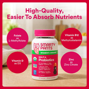 Smartypants Organic Women'S Multivitamin Gummies: Biotin, Probiotics, Methylfolate, Omega 3 (ALA), Vitamin D3, C, Vitamin B12, B6, A, K & Zinc, Inositol, Gluten Free, 120 Count (30 Day Supply)