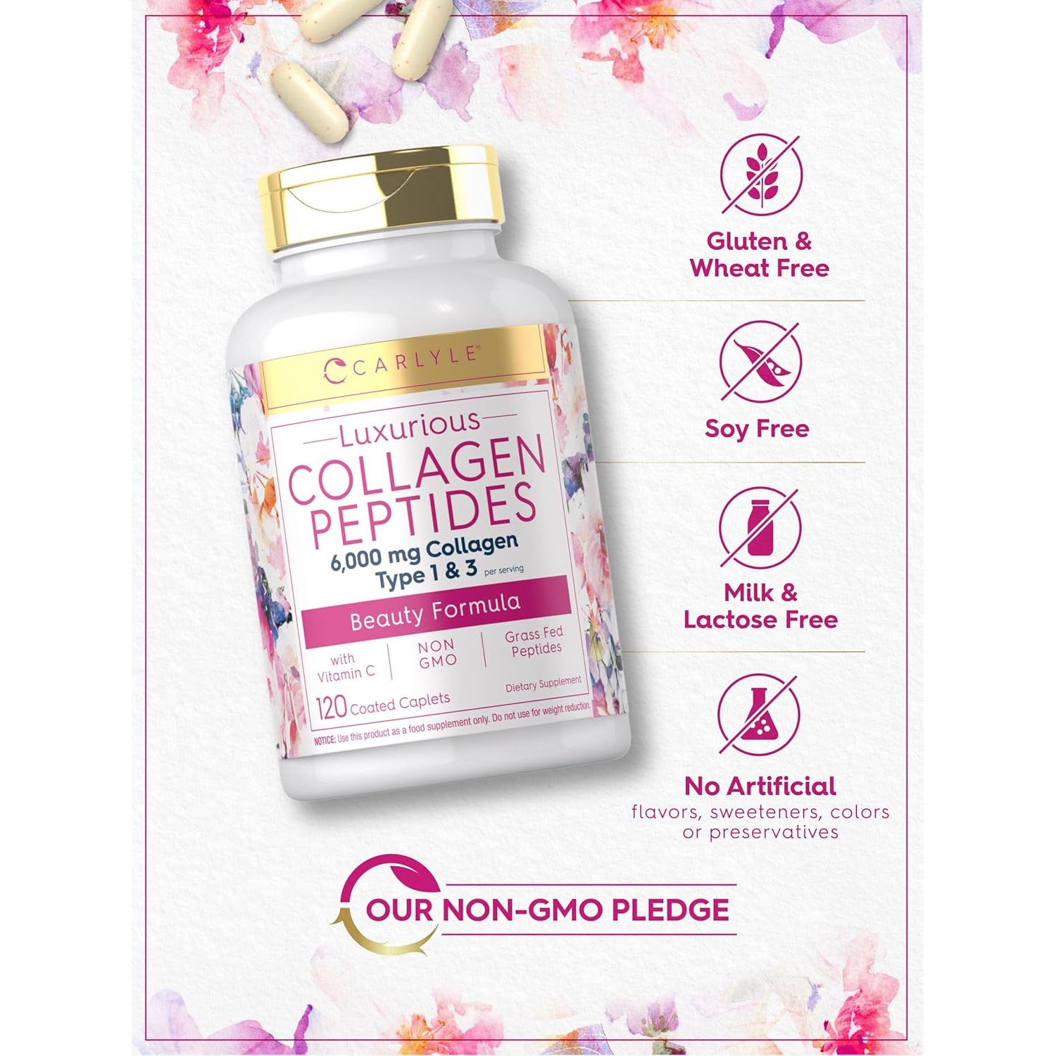 Carlyle Collagen Peptides with Vitamin C | 6000Mg | 120 Caplets | Grass Fed Type II & III | Beauty Formula | Non-Gmo, Gluten Free Supplement