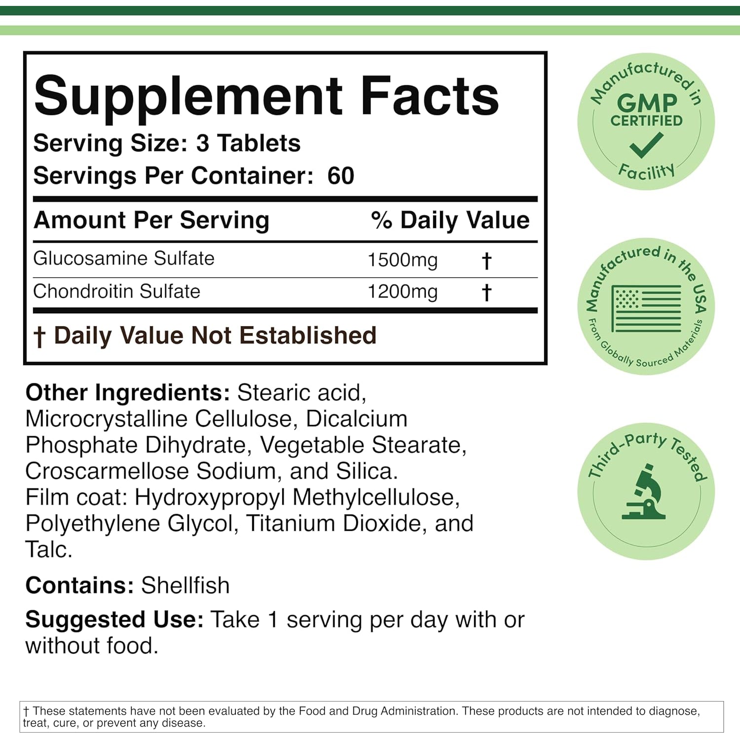 Glucosamine Chondroitin Triple Strength (1,500Mg Glucosamine Sulfate, 1,200Mg Chondroitin) 180 Tablets, Two Month Supply (Joint Support Supplement) Gluten Free, Non-Gmo by Double Wood