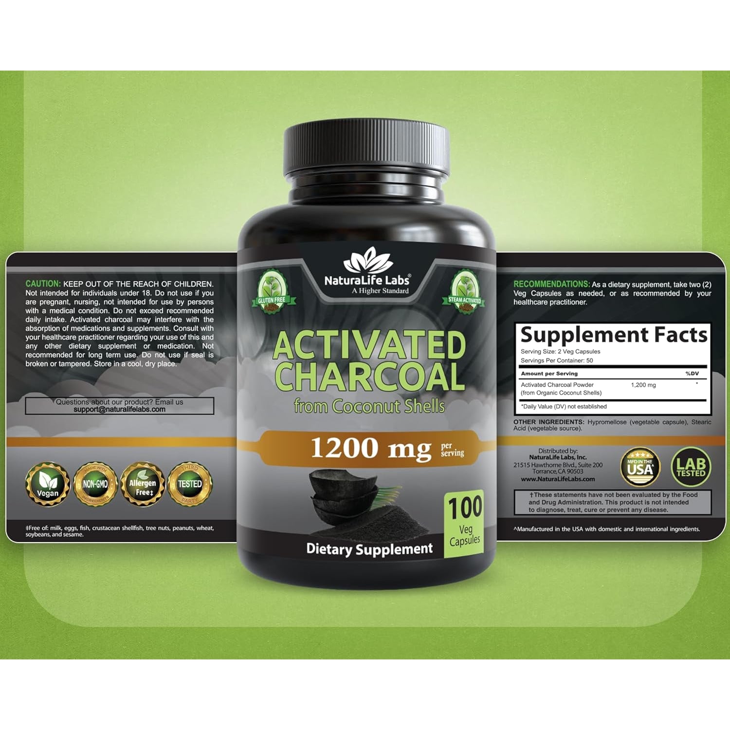 Naturalife Labs Activated Charcoal 1200 Mg per Serving – from Coconut Shells – 100 Veg Capsules – Non-Gmo, Gluten-Free, Vegan