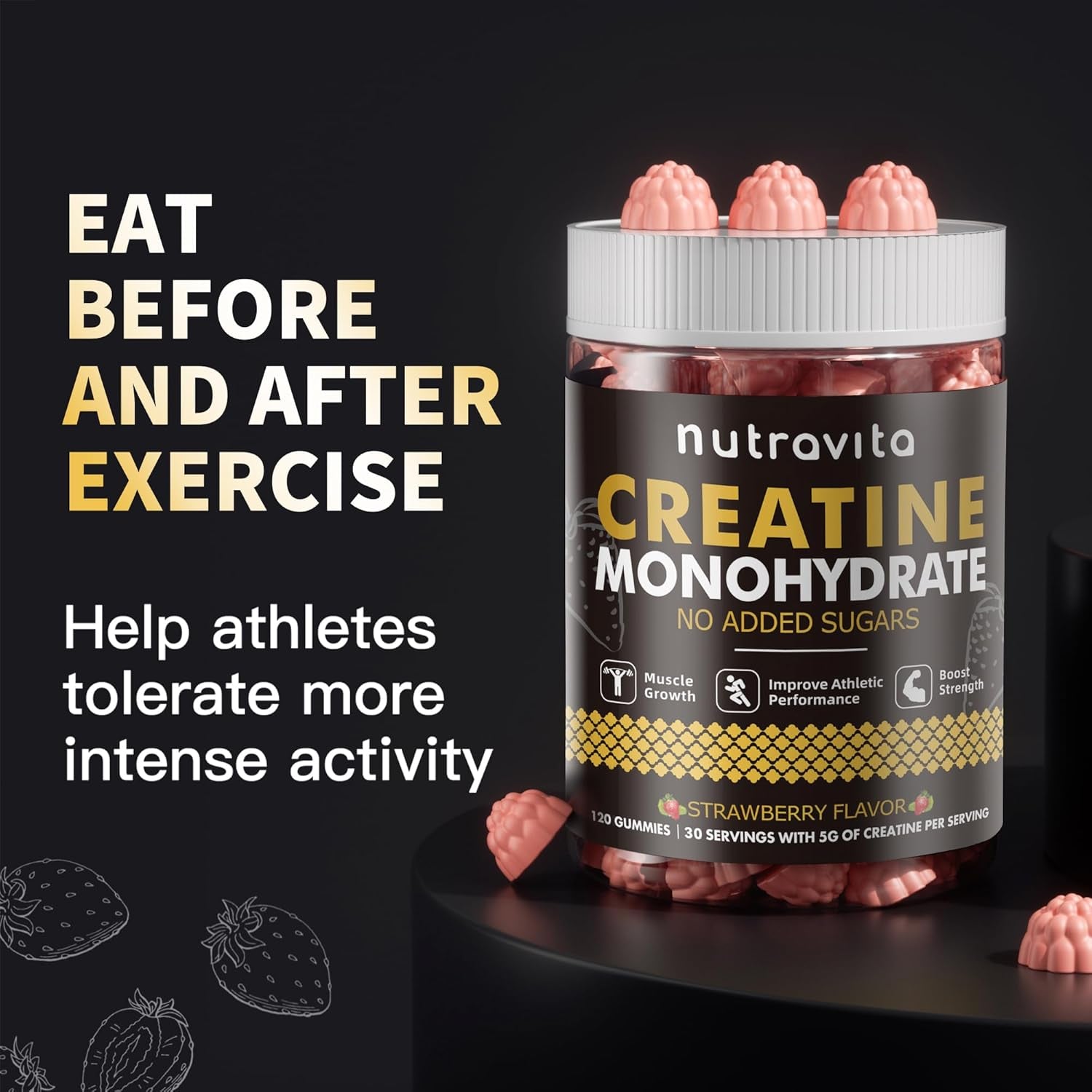 Nutravita NSF Certified Creatine Gummy - Creatine Monohydrate Gummies for Men & Women-5G of Creatine Monohydrate per Serving - Sugar Free,Vegan, Strawberry Flavor, 120 Count