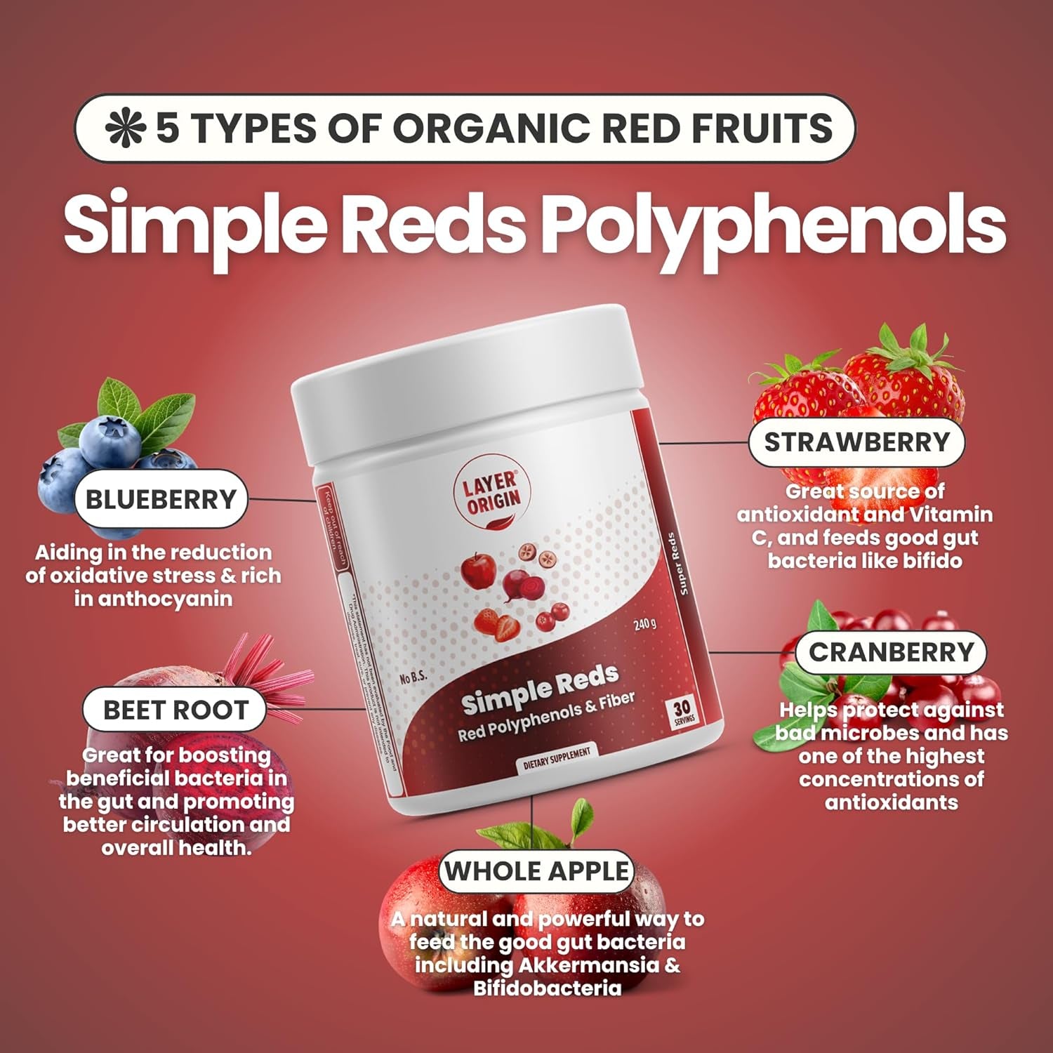 Simple Reds - Organic Red Polyphenols Whole Fruit Powder | Only Real Red Whole Fruits & Zero-Fillers | 30 Servings
