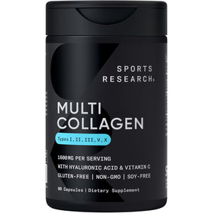Sports Research® Multi Collagen Pills for Women & Men - Collagen Peptides (Type I, II, III, V, X) Enhanced with Hyaluronic Acid & Vitamin C - Gluten Free ­· Non-Gmo - 90 Capsules