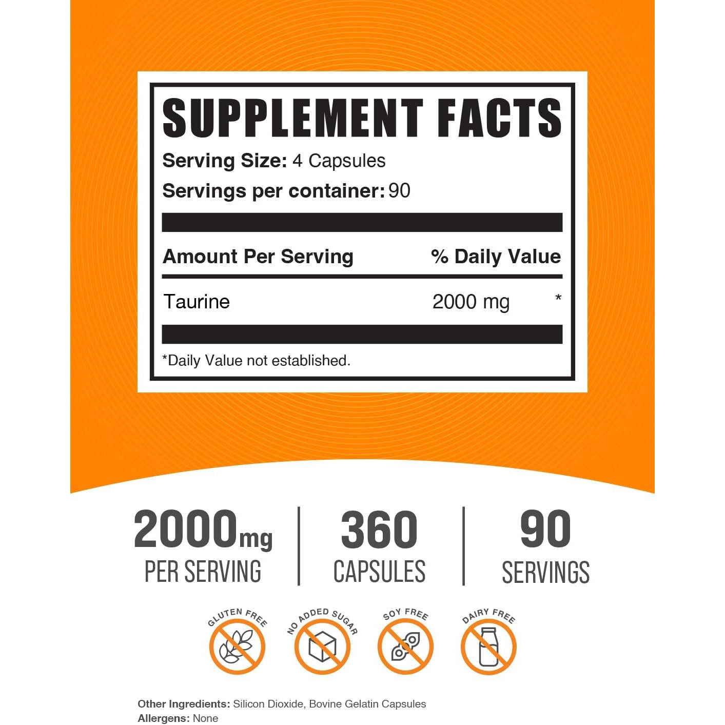Bulksupplements.Com Taurine Capsules - Taurine Supplement, Taurine 2000Mg, Amino Acids for Heart Health, Taurine Pills - Gluten Free, 4 Taurine 500Mg Capsules per Serving (2000Mg), 360 Capsules