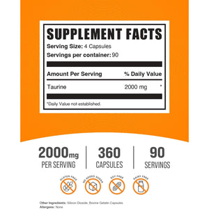 Bulksupplements.Com Taurine Capsules - Taurine Supplement, Taurine 2000Mg, Amino Acids for Heart Health, Taurine Pills - Gluten Free, 4 Taurine 500Mg Capsules per Serving (2000Mg), 360 Capsules