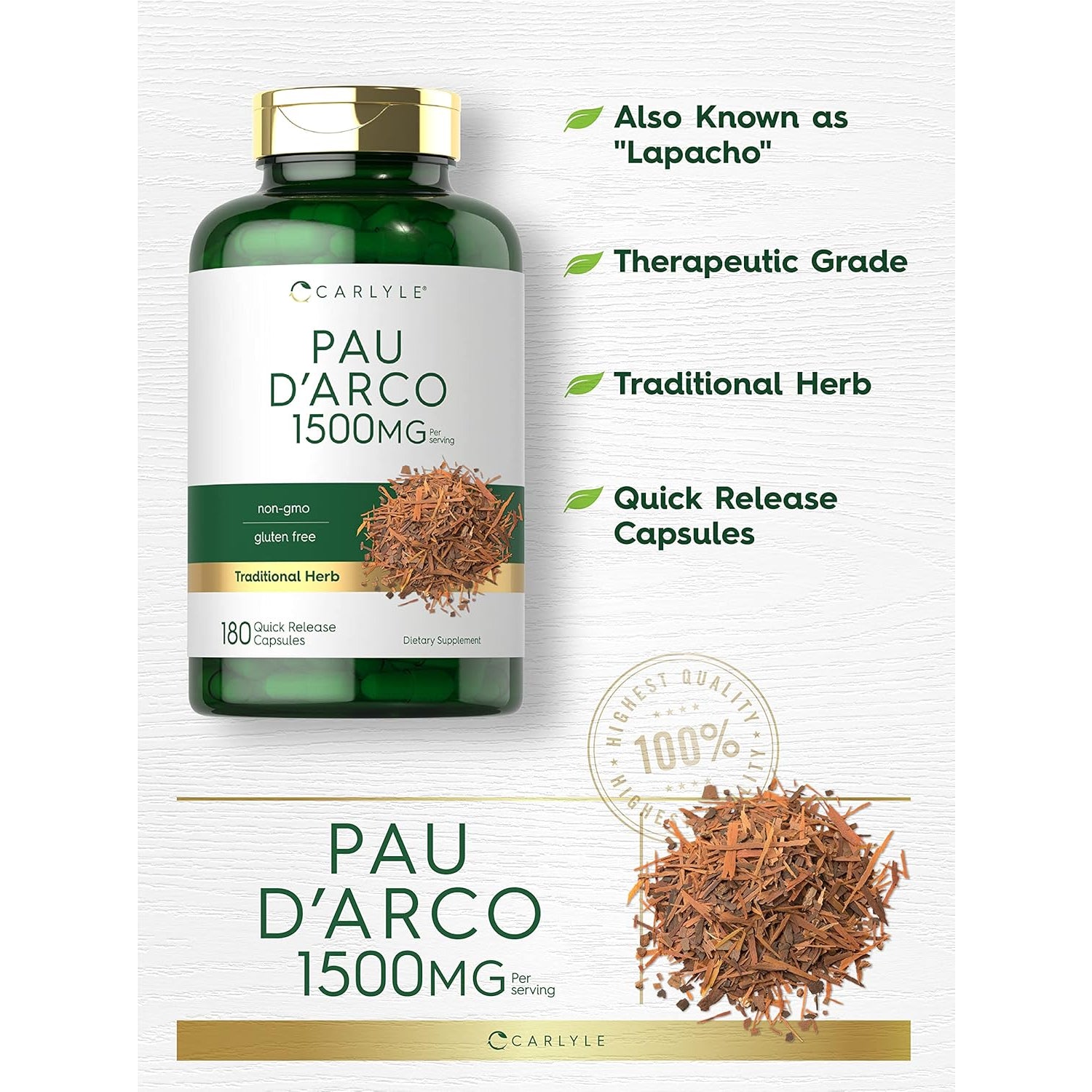 Carlyle PAU D'Arco Capsules | 1500Mg | 180 Count | Herbal Supplement | Non-Gmo, Gluten Free