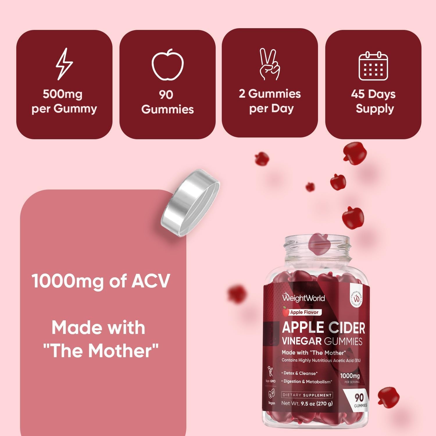 Weightworld Apple Cider Vinegar Gummies 1000Mg with the Mother + VIT C, B12-9-6, Beetroot | ACV Gummies - Digestion, Metabolism, Detox & Cleanse | Vegan Apple Cider Vinegar with Mother, 90 Count