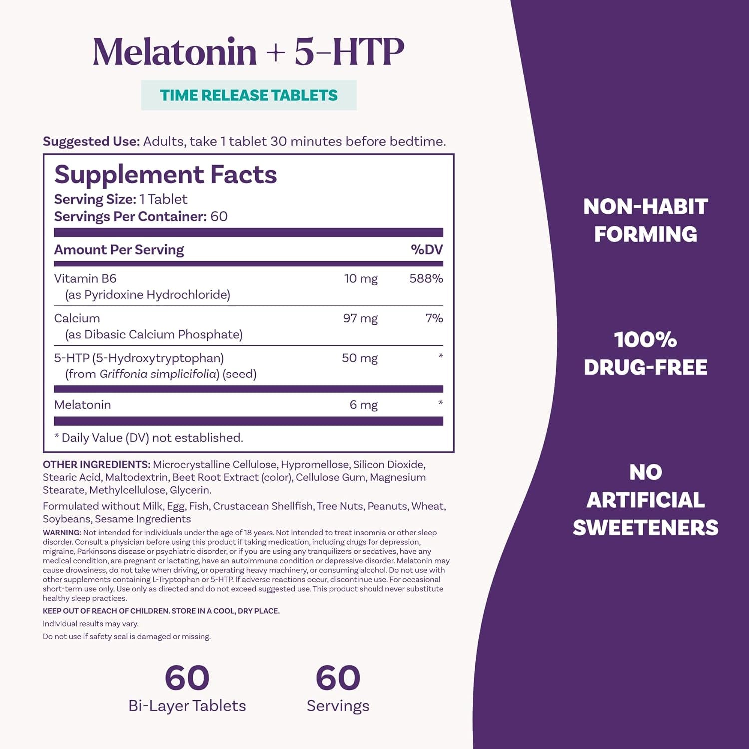 Natrol Melatonin + 5-HTP Time Release Sleep Aid, Triple Action Formula, Calm the Mind, Fall Asleep Faster and Stay Asleep Longer, 60 Bi-Layer Tablets, up to a 60 Day Supply