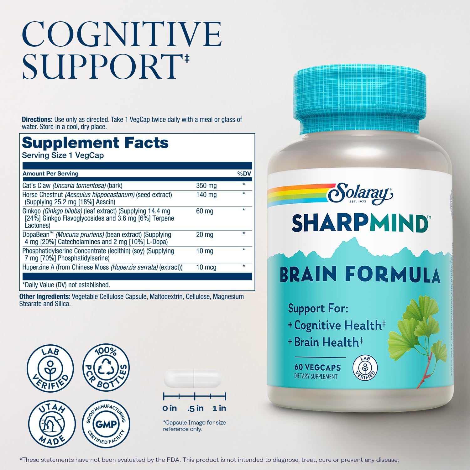 SOLARAY Sharpmind Brain Support Formula - Nootropic Brain Supplements - Cognitive and Brain Health Support with Ginkgo Biloba - 60-Day Guarantee, 60 Servings, 60 Vegcaps