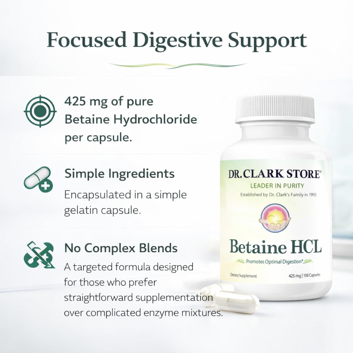 Dr. Clark Betaine HCL Digestive Enzymes - Acid Reflux Medicine, Hydrochloric Acid Protein Supplement, Optimal Digestion Formula, 100 Gelatin Capsules, 425 Mg