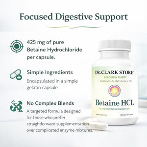 Dr. Clark Betaine HCL Digestive Enzymes - Acid Reflux Medicine, Hydrochloric Acid Protein Supplement, Optimal Digestion Formula, 100 Gelatin Capsules, 425 Mg