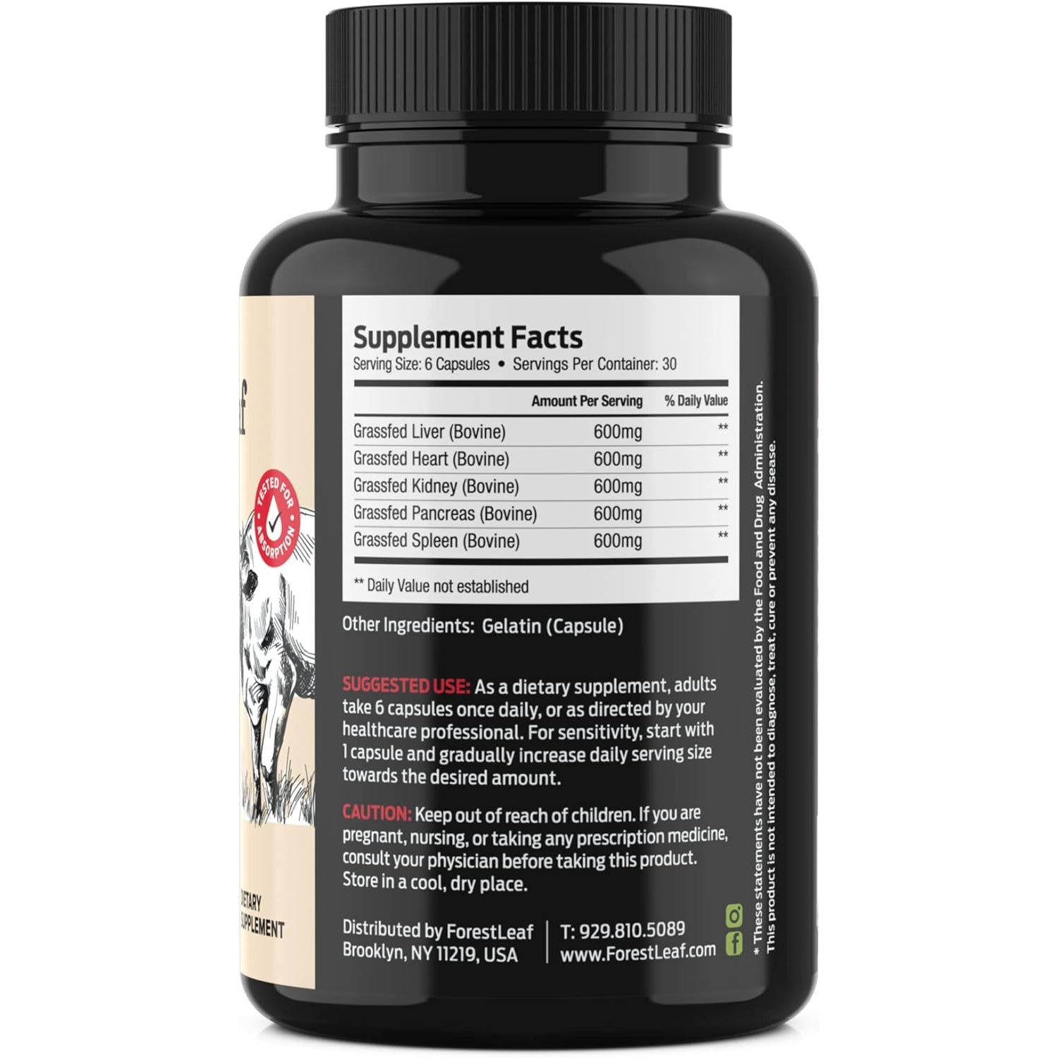 Forestleaf Beef Organ Supplement - Grass Fed & Pasture Raised - Total Body Wellness & Performance, Organ Complex with 3000Mg of Desiccated Beef Liver, Heart, Kidney, Pancreas, Spleen (180 Capsules)
