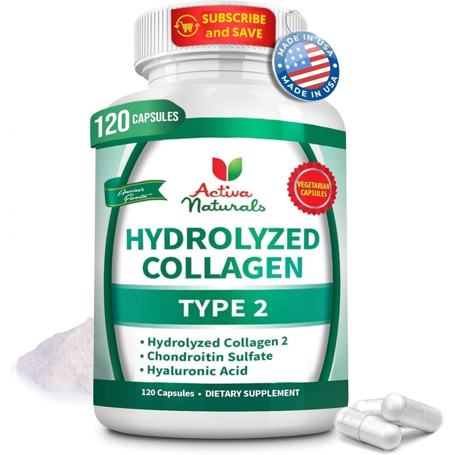 Collagen Type 2 Hydrolyzed Supplement with Chondroitin and Hyaluronic, for Healthy Hair, Skin, and Nails, No Fillers, Additives, and No Artificial Colors - 120 Vegetarian Capsules