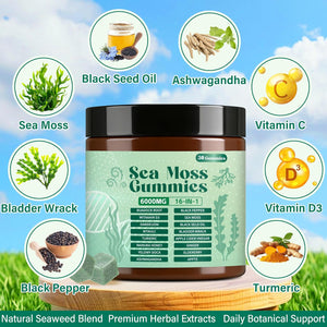 Sea Moss Gummies,16-In-1,Bladder Wrack Turmeric Vitamin C & D3 with Manuka Burdock,30 Gummies